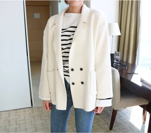 Beige HziriP, Повседневный, модный, двубортный, плоский, вязаный кардиган, для женщин, обычный, сплошной цвет, длинный рукав, на пуговицах, женские свитера, пальто - Цвет: Beige