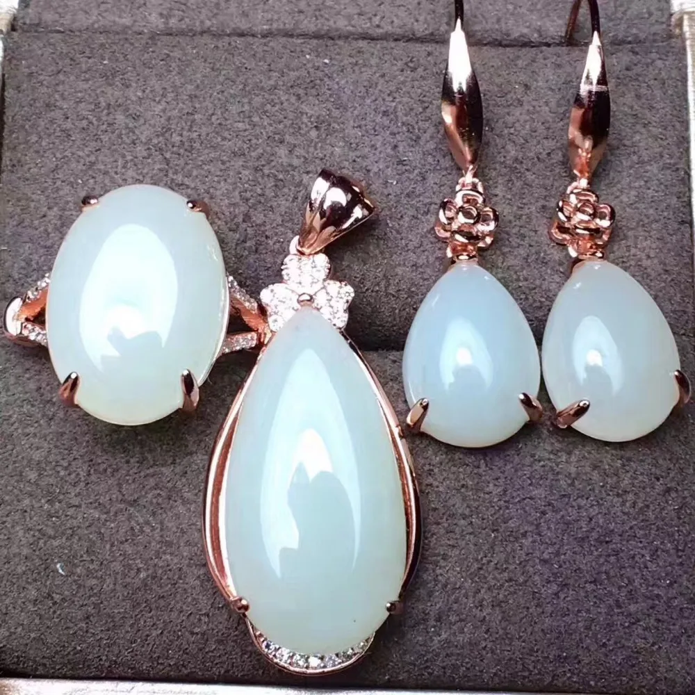 Кольцо из натурального белого нефрита серьги с подвеской три комплекта серебро