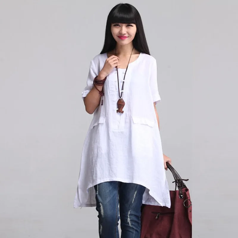 Длинная женская блузка хлопковая льняная с коротким рукавом ассиметричная