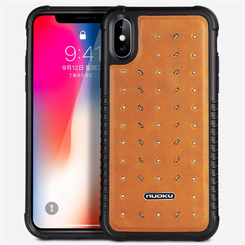 Роскошный чехол из натуральной кожи для телефона iPhone 7 8 Plus X металлическая заклёпка нескользящая Мягкая задняя крышка из ТПУ для samsung note9 - Цвет: Brown