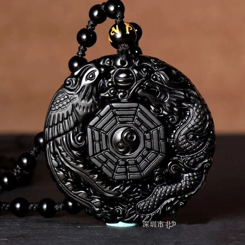 Натуральный черный обсидиан ручная работа китайский дракон Феникс Багуа амулет