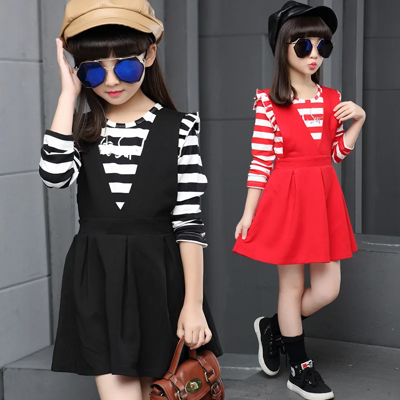 Новинка осени 2019 детские футболки в полоску + платье-жилет комплекты из двух