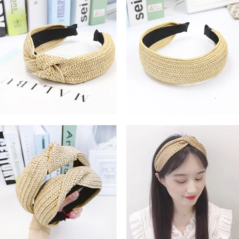 

1PC Bohemian Summer Straw Braided Top Knot Headband Solid Color Rattan Handmade Headband Beach Hair Accessories