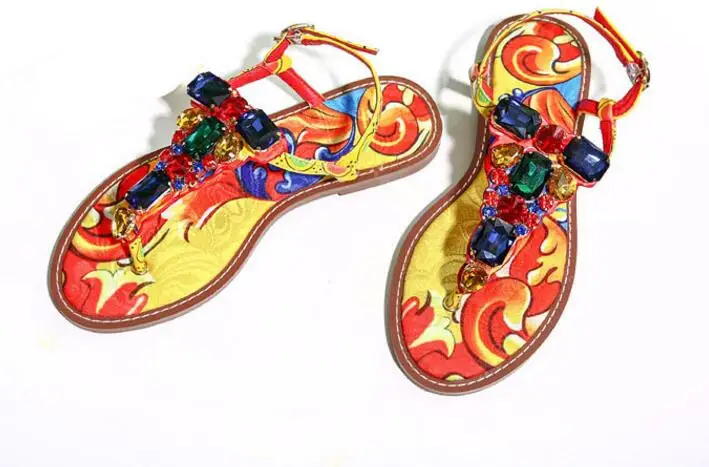 2017 новый Рим стиль сандалии для женщин хрустальные украшения плоские