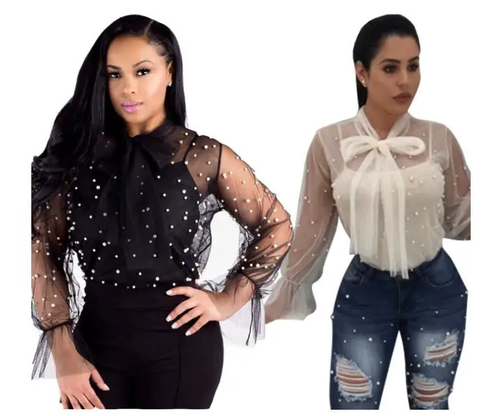 Кружевная блузка женская летняя с длинным рукавом и бантом | Женская одежда