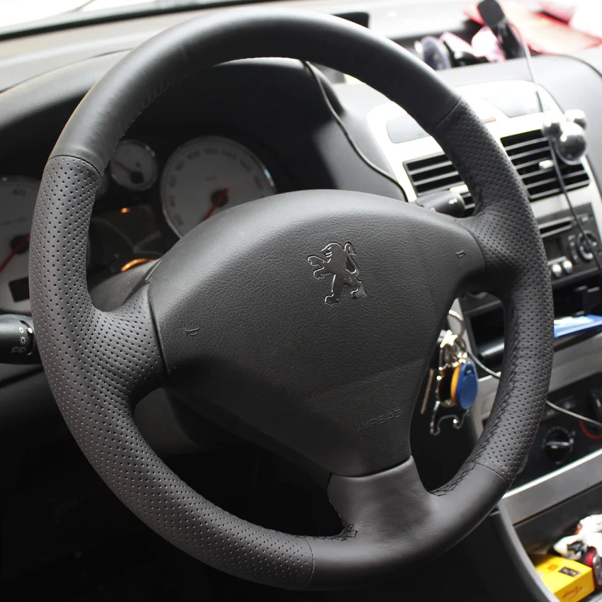 Черный кожаный ручной сшитый чехол рулевого колеса автомобиля для peugeot 307