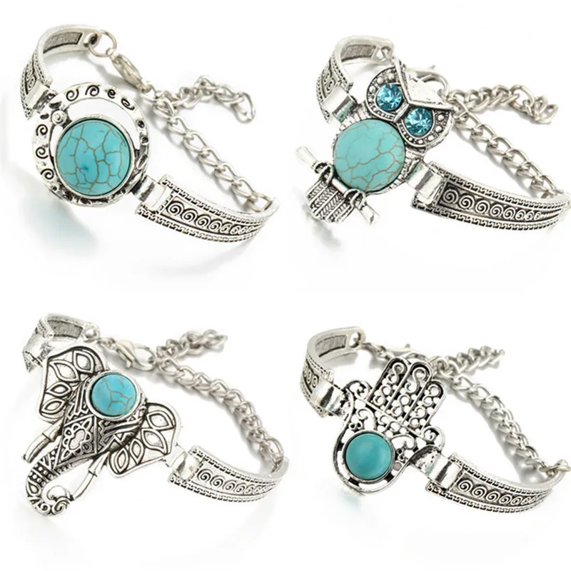 Bohemia Antique Silver Plated Turquoise Rhinestone Owl Bracelets For Women Vintage Fashion Jewelry Charms Bangles SACJ2885 | Украшения и