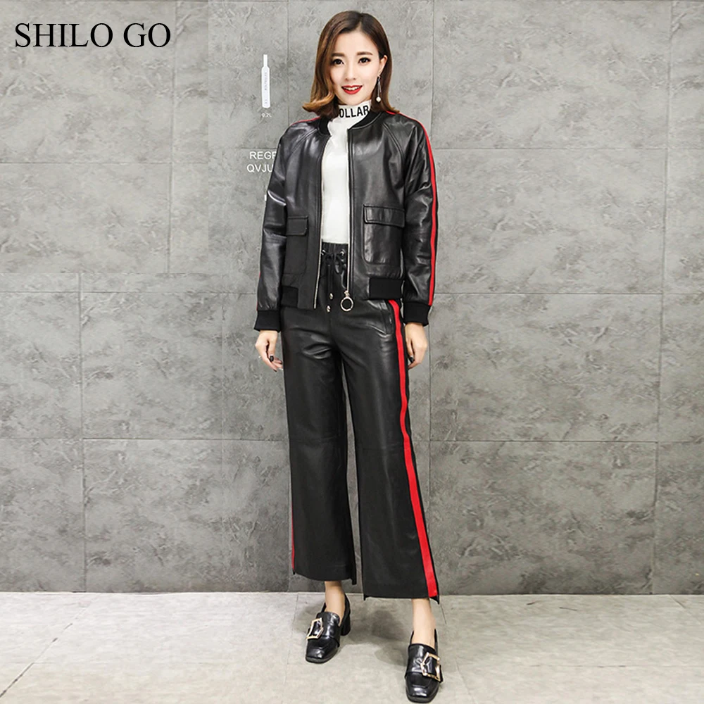 SHILO GO кожаный костюм женские осенние модные комплекты из натуральной овечьей кожи с воротником-стойкой Лаконичные кожаные куртки в полоску брюки