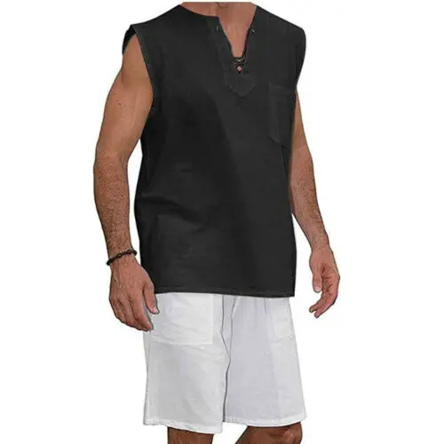 Модные мужские рубашки без рукавов из хлопка и льна Повседневные Дышащие