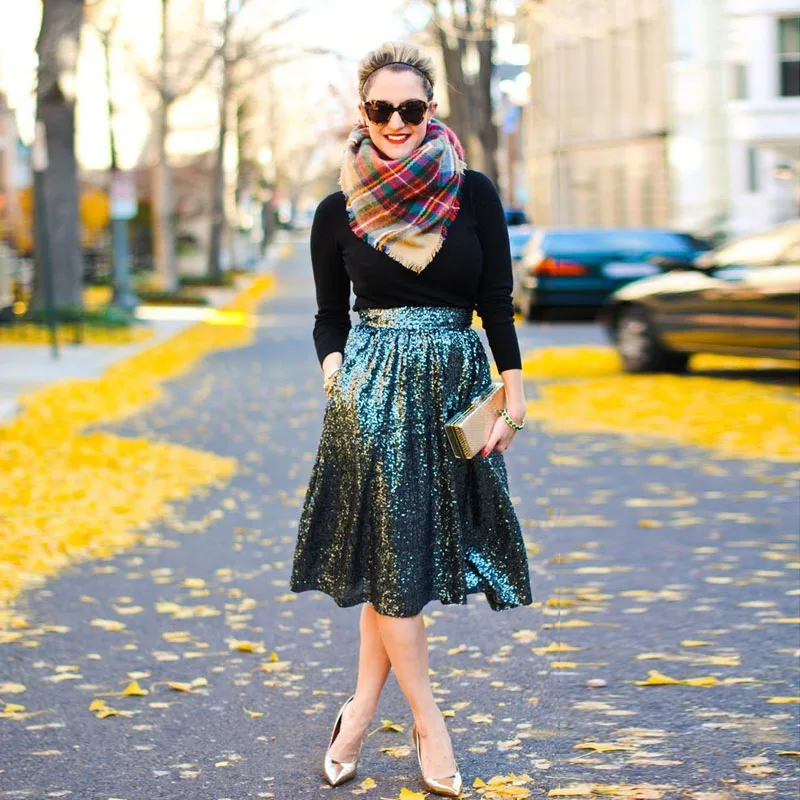 

Shiny Sequins Skirt for Women 2018 Autumn Winter Style A Line Sequined Midi Skirt with Pocket High Street Fashion Saia