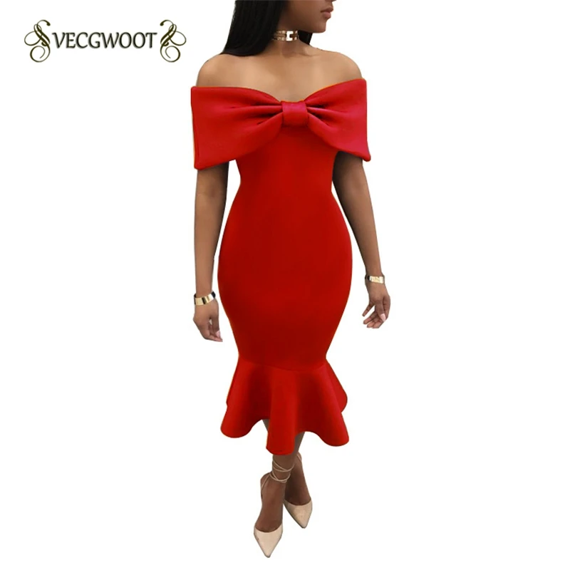 Спереди лук детали с плеча Slash шеи облегающее платье оборками элегантные женские