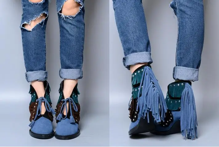 Ботильоны женские замшевые с бахромой модные классические ботинки на высоком