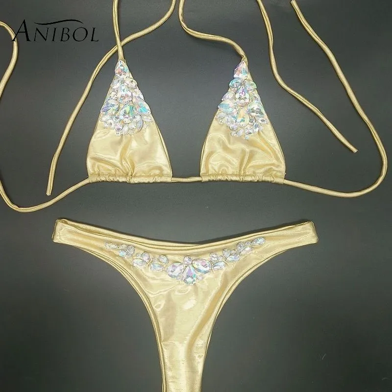 

Anibol 2018 Luxury Crystal Rhinestone Bikini Sexy Halter Triangle Swimsuit Women Bling Bling Diamond Girls Swimwear Bathing Suit
