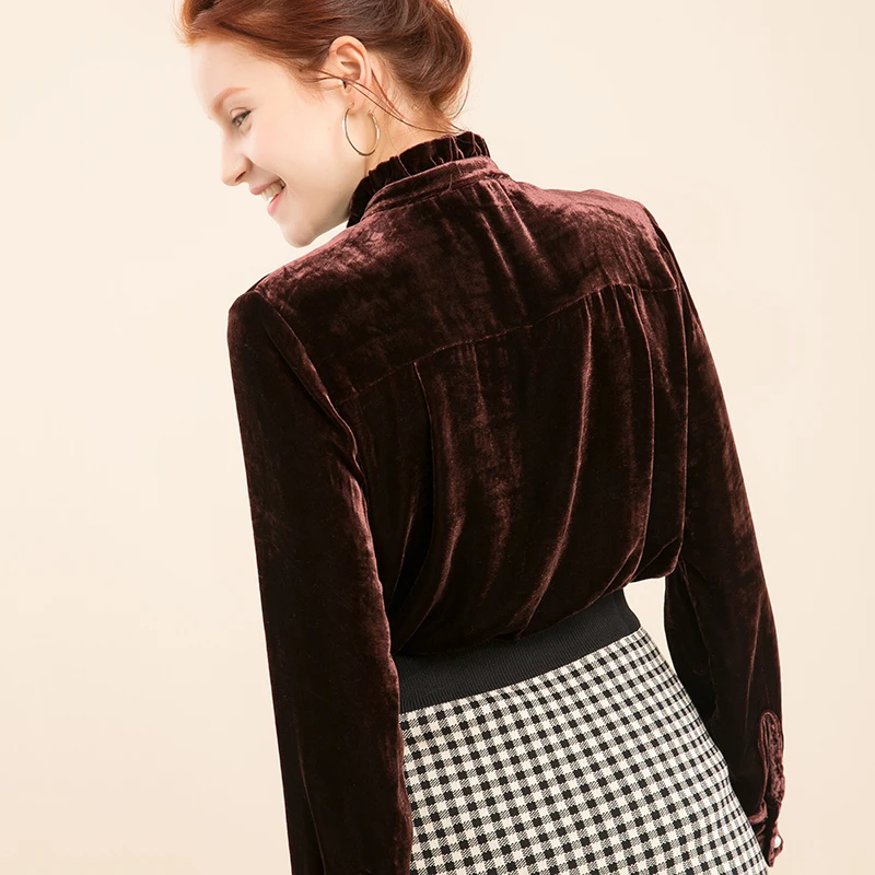 Silk Velour 2018 Shirt OL Mulberry Top Women Long Sleeve Winter Blouses M/L/XL FREE SHIPPING |