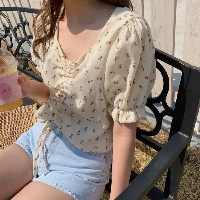 Женский летний укороченный топ с коротким рукавом Повседневная винтажная блузка