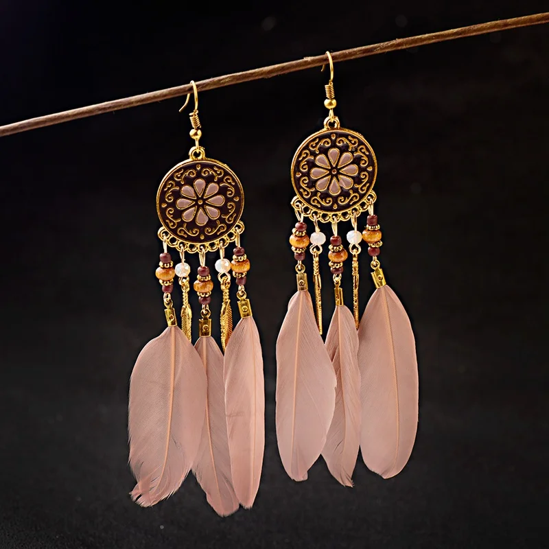 2019 Women's Ethnic Multicolor Feather Jhumka Jhumki Earrings Gypsy Flower Metal Wood Beads Indian Ladies Oorbellen | Украшения и