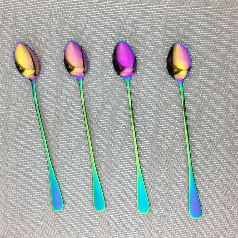 

Juice Coffee Stirring Cutlery Set Colorful Rainbow Teaspoon Dinnerware Ice Cream Long Handle Scoop Tableware Set Kitchen Tools