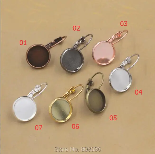 

100pcs Wholesale Fit 14mm Glass Cameo Cabochon DIY 7 colors for choose Copper Brass Blank Base Bezel French Lever Earring Backs