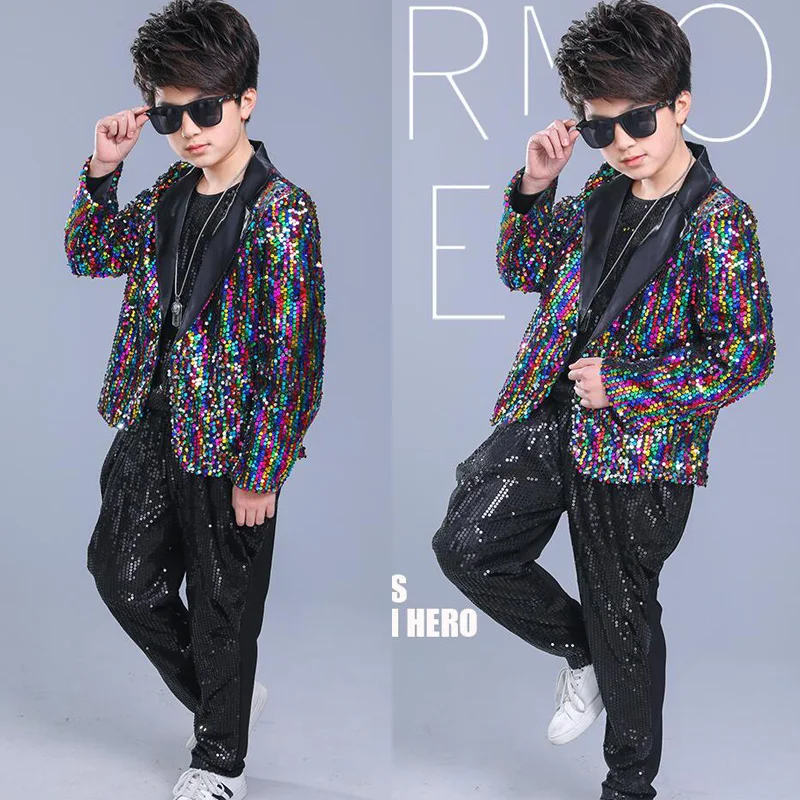 Kids Adult Sequined Pants Jacket Hip Hop Clothing Jazz Dance Costumes Suit Boys Carnival Stage wear Ballroom Dancing Outfits |
