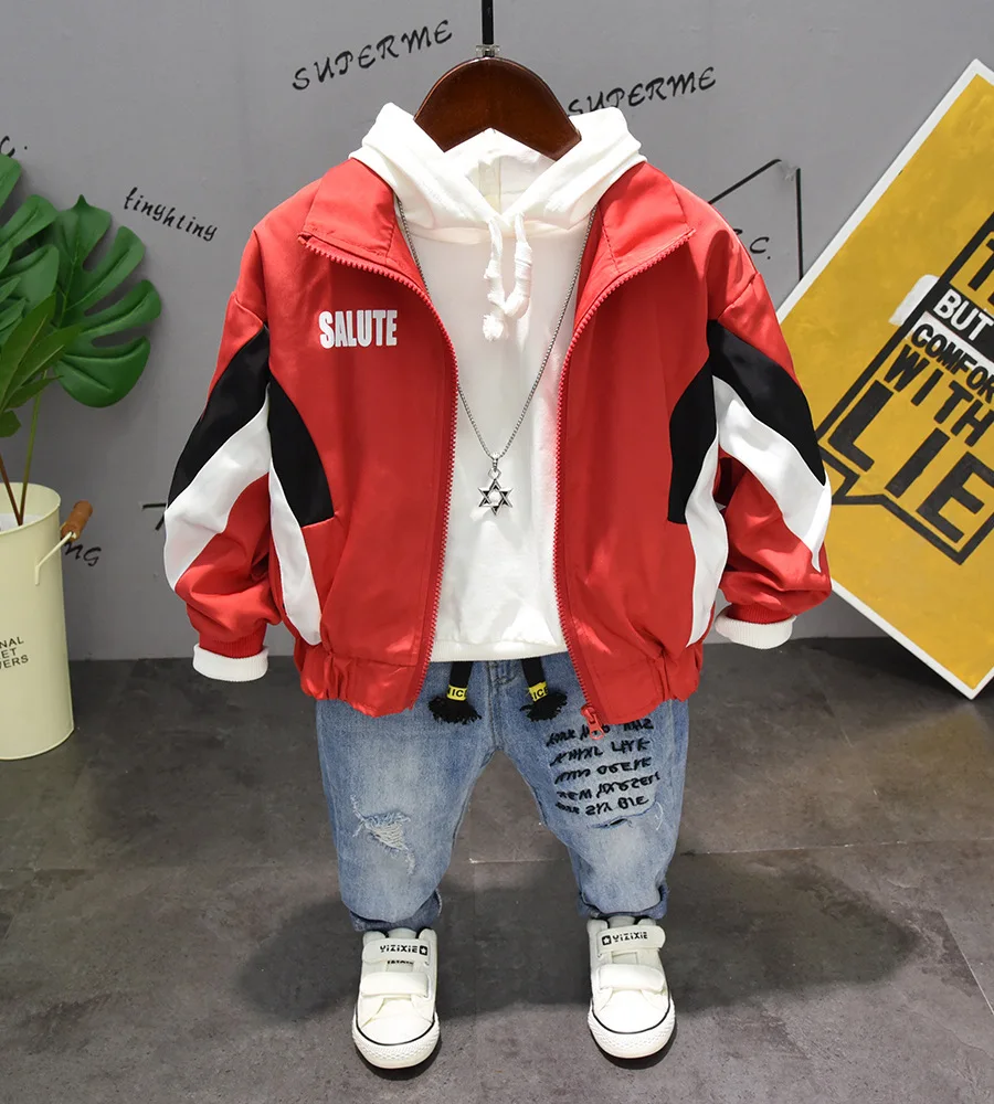 3PCS WLG boys spring autumn clothing set kids blue red striped coat hoodie and jean clothes baby casual | Мать и ребенок