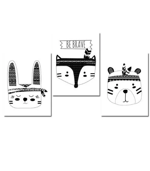 

Cartoon Bear Fox Head Wall Art Canvas Black White Woodland Animal Nursery Print Painting Nordic Picture Scandinavian Decor