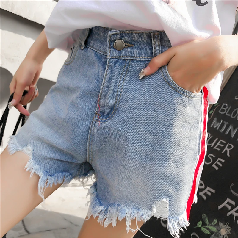 Bump color side stripes 2018 summer new Korean version of frayed fringe hole jeans shorts high-waisted student hot pants 8617 | Женская