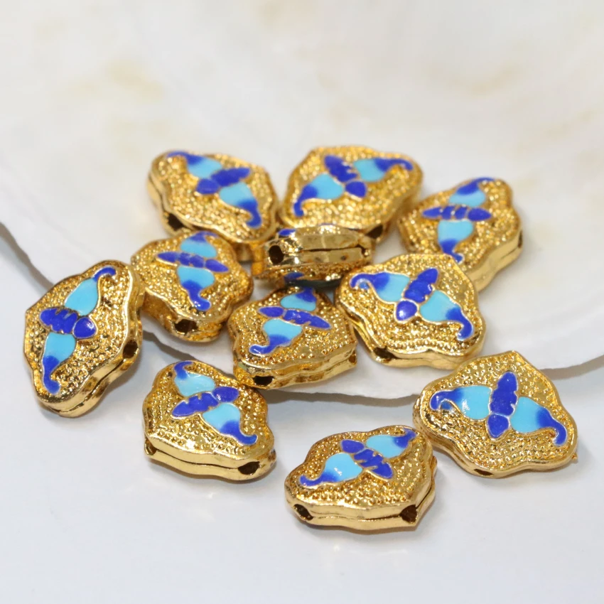 

Wholesale price hot sale gold-color carved blue enamel cloisonne spacers beads accessories 10pcs 13*16mm jewelry findings B2457