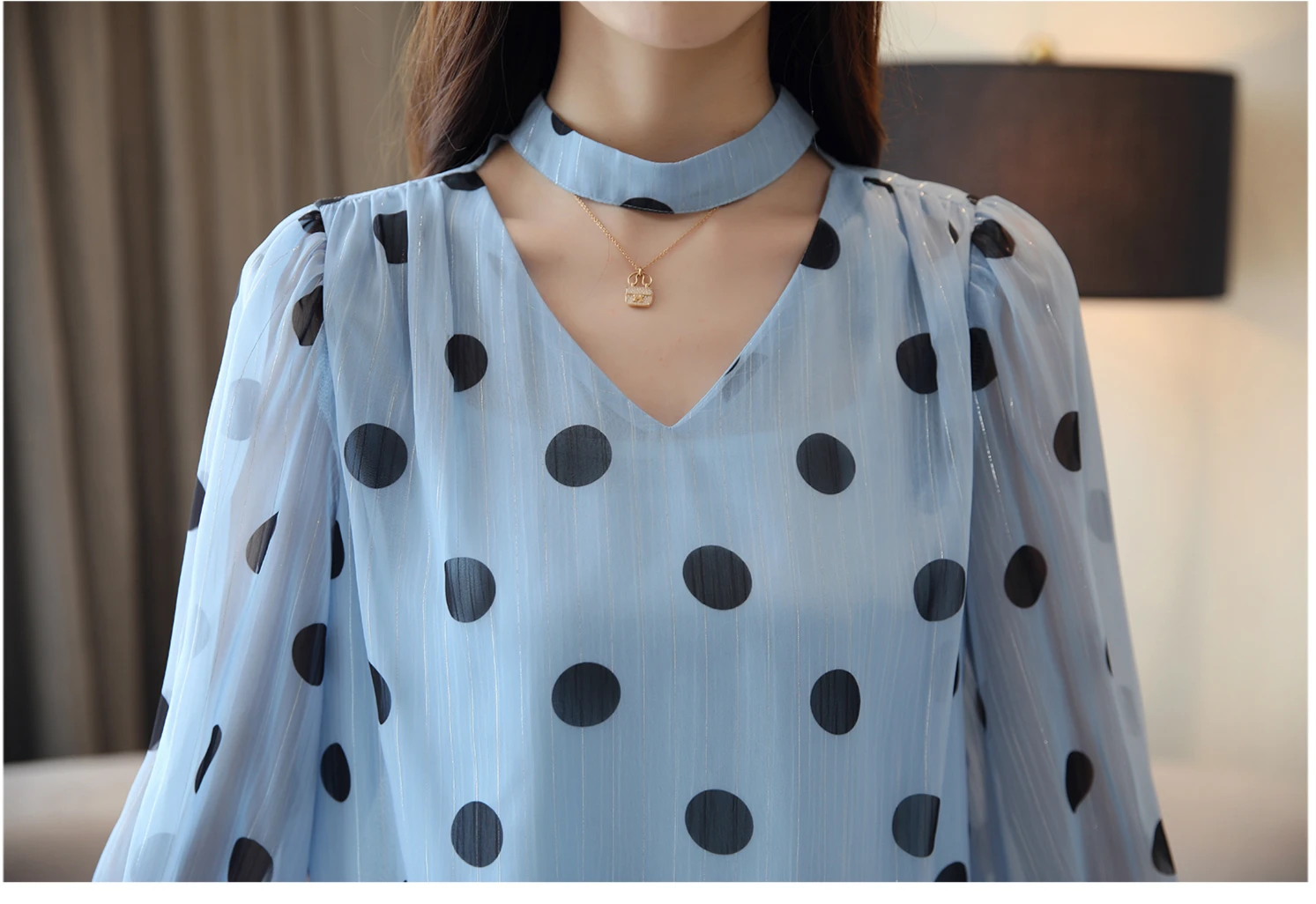 

2018 V neck dot OL blouse women tops autumn long sleeve shirt women blue point chiffon blouse shirt fashion woman blouses
