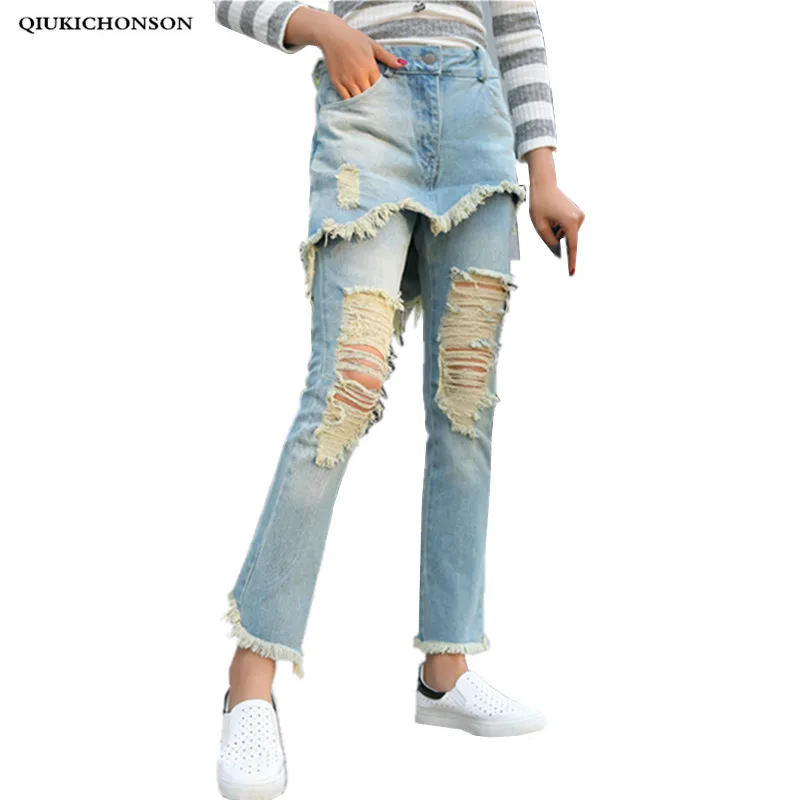 

European American Fashion Celebrity Irregular False Two-piece Jeans Woman Streetwear High Waist Tassel Ripped Jeans Denim Pants