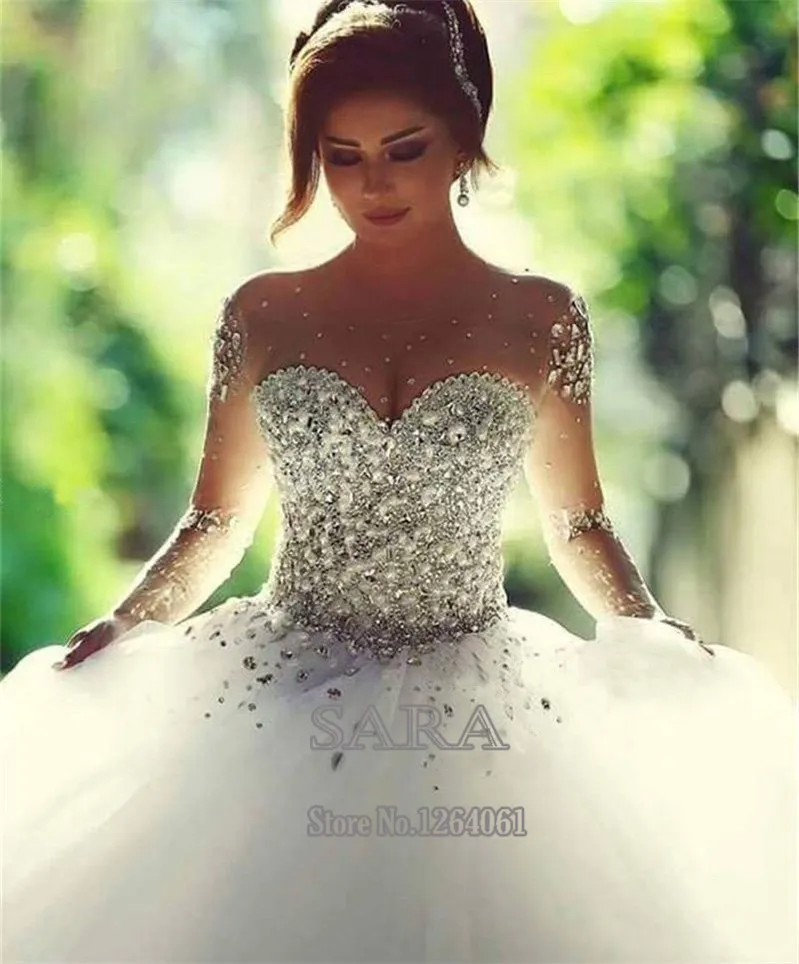 

Tull Crystal Beaded Ball Gown Sheer Sleeve Lace-Up Vestido De Noiva Crystal Beads Bridal Gowns Tulle Long Sleeves Wedding Dress