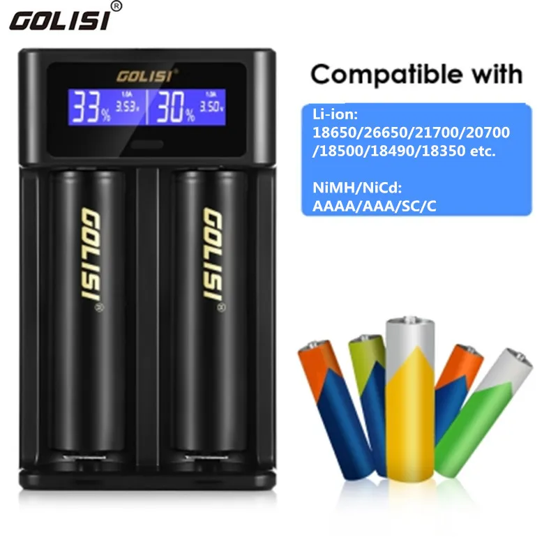 GOLISI I2 мини умное зарядное устройство с ЖК дисплеем 18650 26650 20700 21700 для быстрой