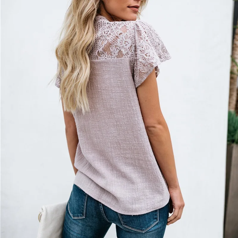 

2019 Fashion Cotton Lace Shirts Women O Neck Short Sleeve Casual Summer Sexy Hollow Out Tops