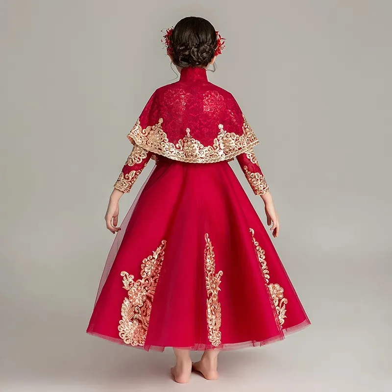 

2018Good-Quality Chinese Style Children Girls Embroidery Lace Dress with Cape Baby Kids Birthday Princess Party Costume Dress