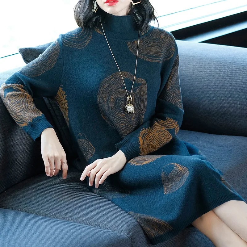 

Fashion Women Autumn Knit Sweater Dress Circle Print Slim Knit Femme Dress Pullovers High-neck Casual Bottom Dress Vestido Punto