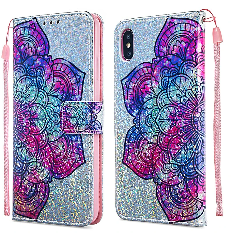 Кожаный чехол кошелек с блестками для Iphone XS MAX X 8 7 6 Plus Единорог роскошный Фольга