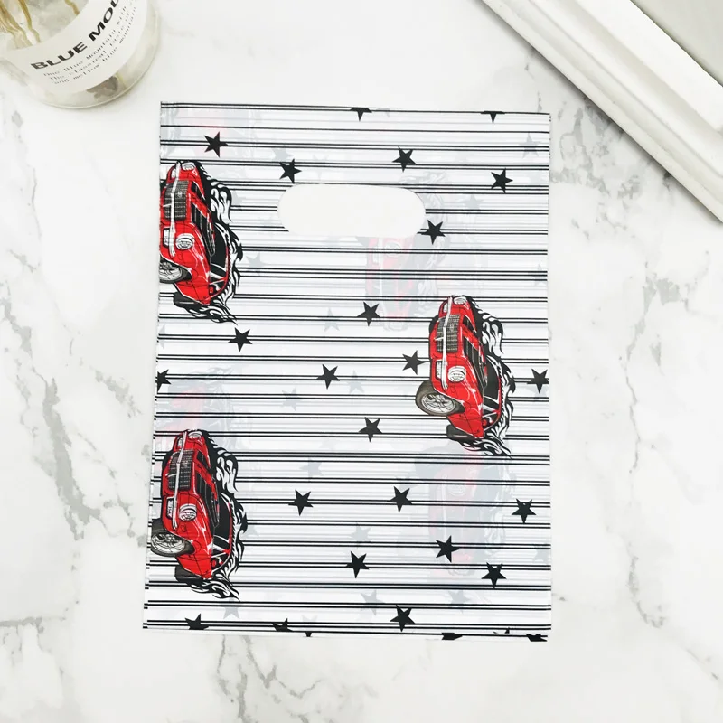 Small White Cartoon Car Black Stripes 15x20cm Plastic Gift Bag With Handles Jewelry Handle Bags For Shops 100pcs | Дом и сад