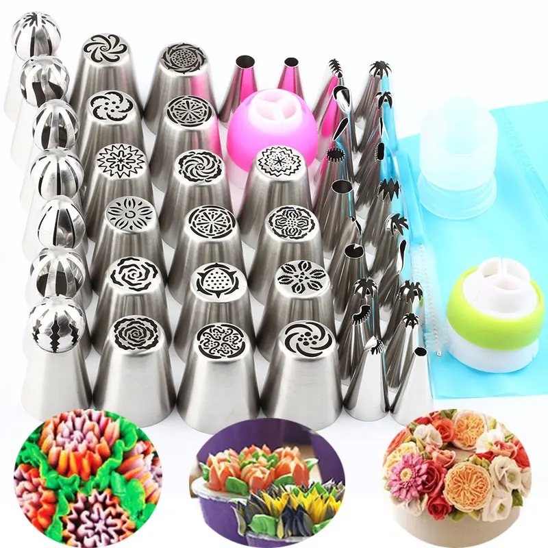 

1Pcs Brush 1Pcs Pastry Bag 3Pcs Coupler Converter+Stainless Steel 45Pcs Nozzles Ball Icing Piping Shape Russian Tips Pastry
