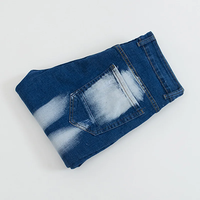 

Blue Mens Jeans Hole Slim Scratch Pleated Personality White Micro-Bomb Studs Straight Skinny Denim Jeans Pants Long Trousers