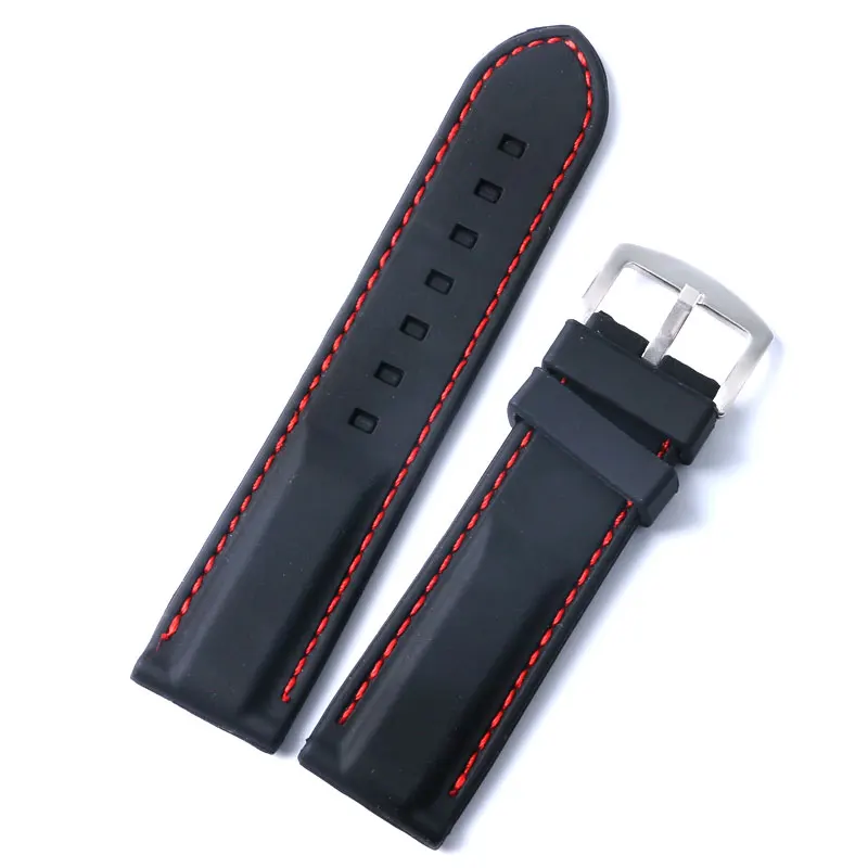 

10 Pcs 22mm 24mm Black Soft Silicone Watch Strap Band Red Line Stitching Wrist Band Stainless Steel Pin Buckle Rubber Wholesale