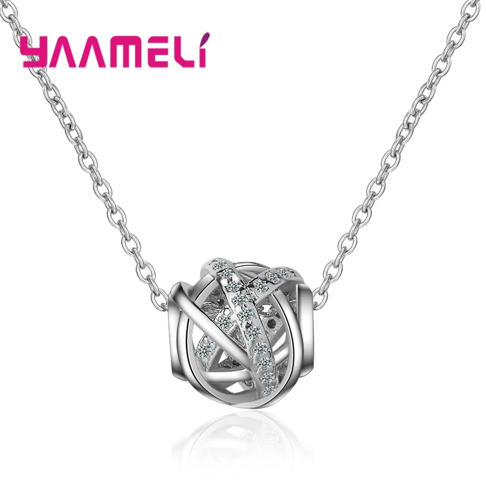 

925 Sterling Silver Aaa Cubic Zirconia Hollow Out Round Shape Necklace Female Set Drill Transfer Bead Pendant Clavicle Chain