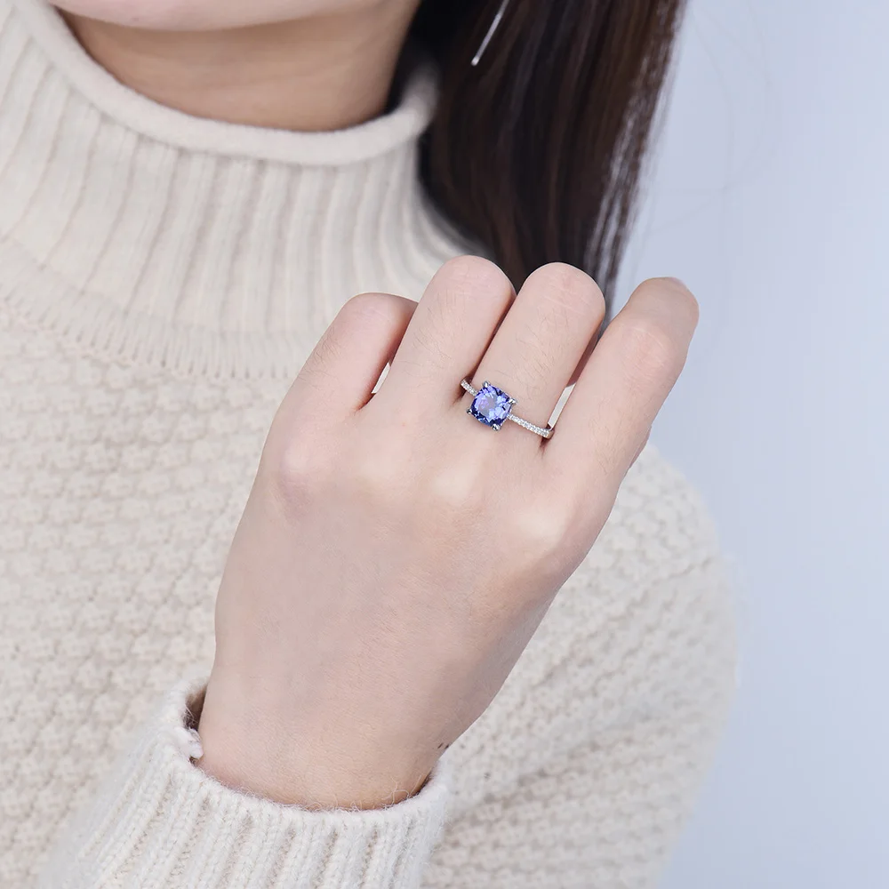 Loverjewelry, обручальное кольцо для женщин, вечная любовь, элегантная подушка, 7,5 мм, одноцветное, 14 к, белое золото, бриллианты, танзанит, камень, кольцо