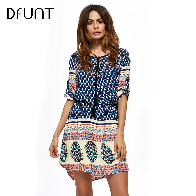 DFUNT Отпечатано Свободные Мини Платья для Женщин Лето Кисточкой Украшения