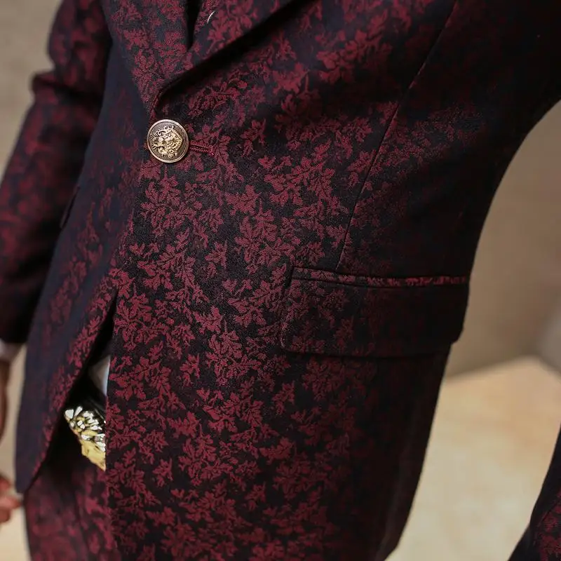 Burgundy Suits men Wedding Groom 20178 Men Flroal Suit Luxury Vintage Prom Party Printed R Jacket+vest+pant | Мужская одежда