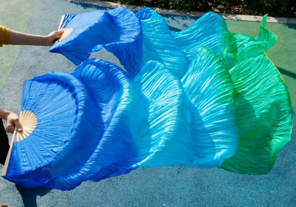 High selling 100% Real Silk Veils 1 Pair handmade women Quality Belly Dance Fan royal blue+turquoise+ green | Тематическая одежда