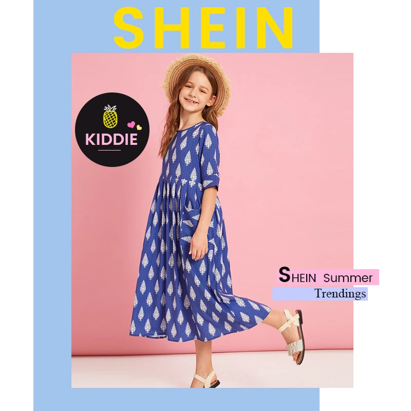 SHEIN Kiddie/синее боховая туника в полоску с карманами спереди и растениями, платье года, летние праздничные длинные платья с короткими рукавами и высокой талией