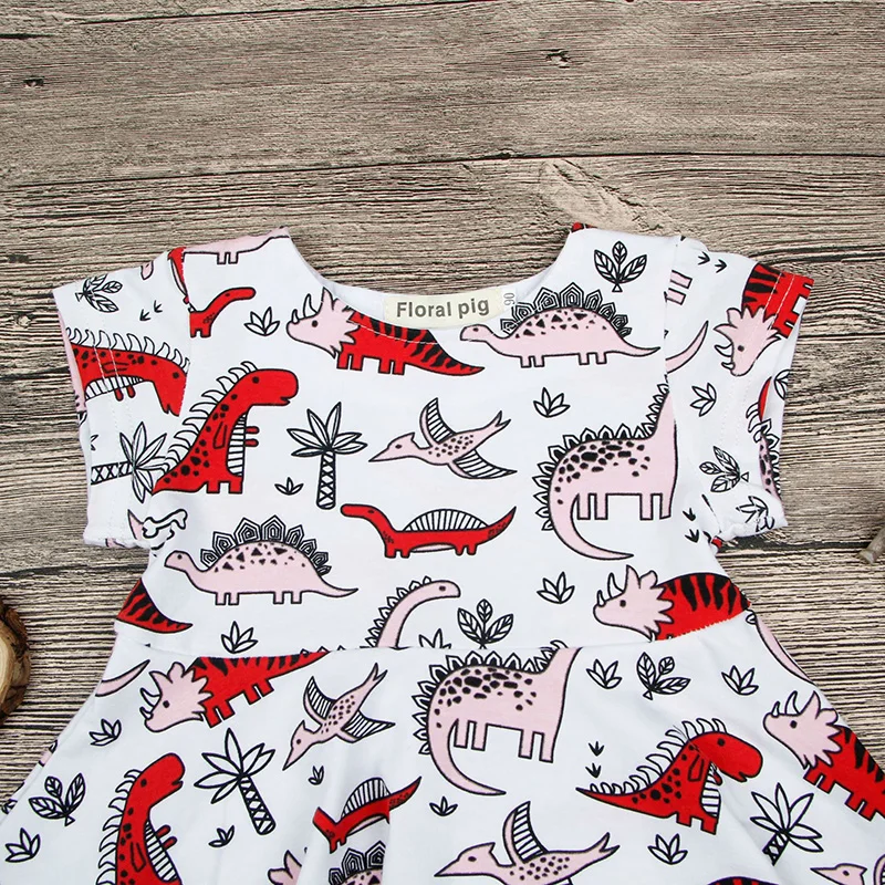 2017 Short Sleeve Cute Dinosaure Printed Girl Dress Clothes Summer Fashion Tiny Cottons Kids Dresses for Girls Costume | Детская одежда