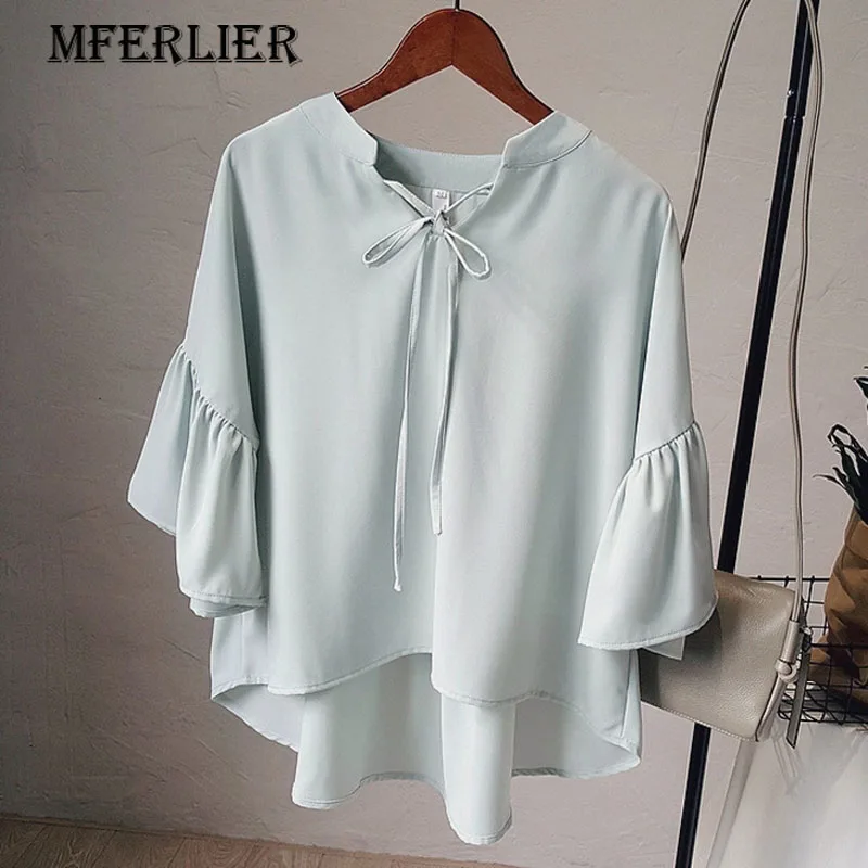 Solid Preppy Style Chiffon Shirt Loose V Neck Bow Drawstring Butterfly Sleeve Patchwork White Pink Green Womens Tops And Blouses |
