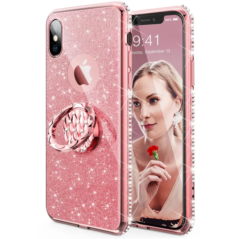 Чехол для iphone X с металлическим кольцом держателем на 360 градусов бриллиантами