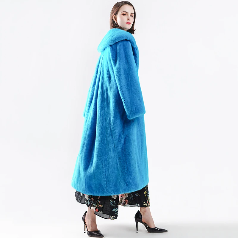 Ftangaiur Winter Jacket Import Velvet Mink Fur Coat Turn-Down Collar Solid Causal Coats Women's X-Long Real | Женская одежда