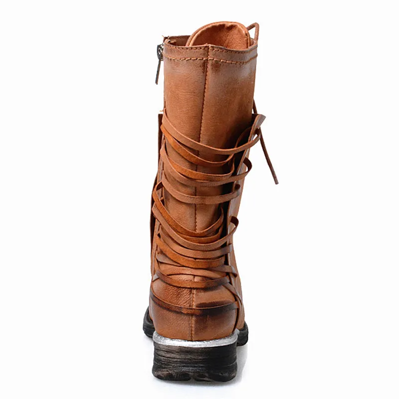 

Brown Genuine Leather Women Winter Boots Vinatge Lace Up Riding Boot Flat Shoes Woman Mid-Calf Platform Rubber Botas